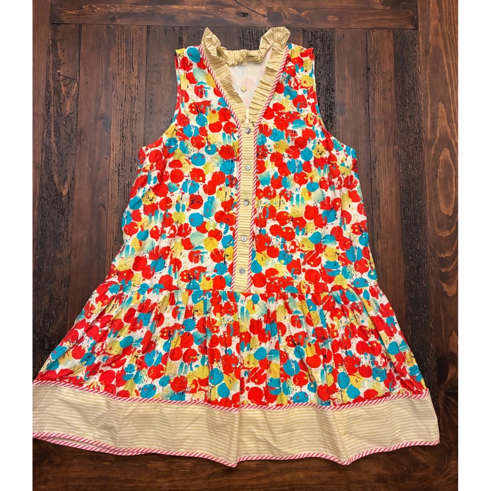 Entro Sleeveless Drop Waist Mini Dress Abstract Print Striped Ruffle Collar Cute